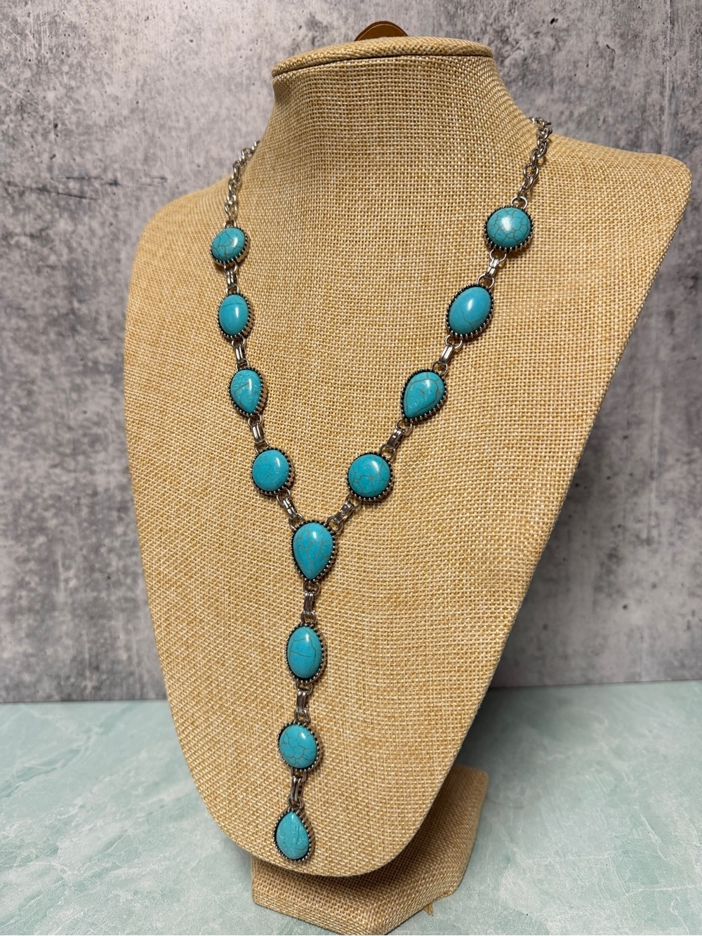 NWT Faux Turquoise Teardrop Y-Style Necklace with Matching Earrings